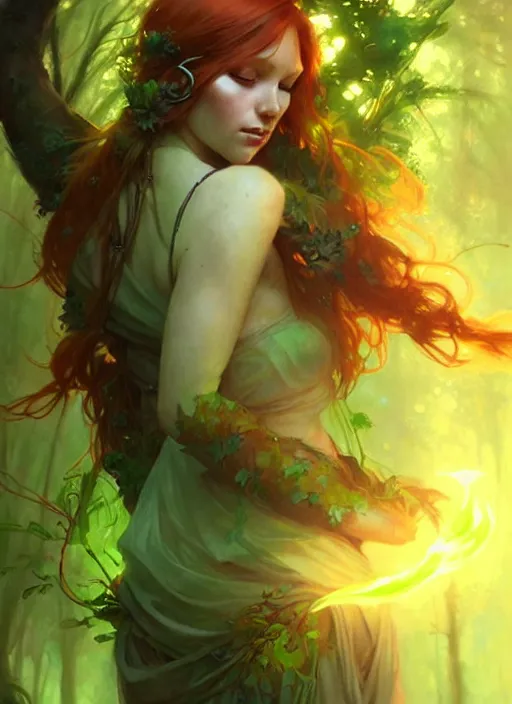 Prompt: stunningly beautiful female green and ginger hair, fantasy art, fae priestess, lush forest landscape, dark light night, sharp focus, digital painting, 4 k, concept art, art by wlop, artgerm, greg rutkowski and alphonse mucha