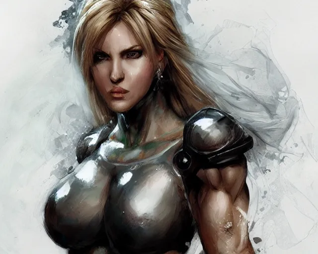 Image similar to portrait of samus aran as a very attractive female bodybuilder bride, elegant, fantasy, hd shot, digital portrait, beautiful, artstation, comic style, by artgerm, guy denning, jakub rozalski, magali villeneuve and charlie bowater