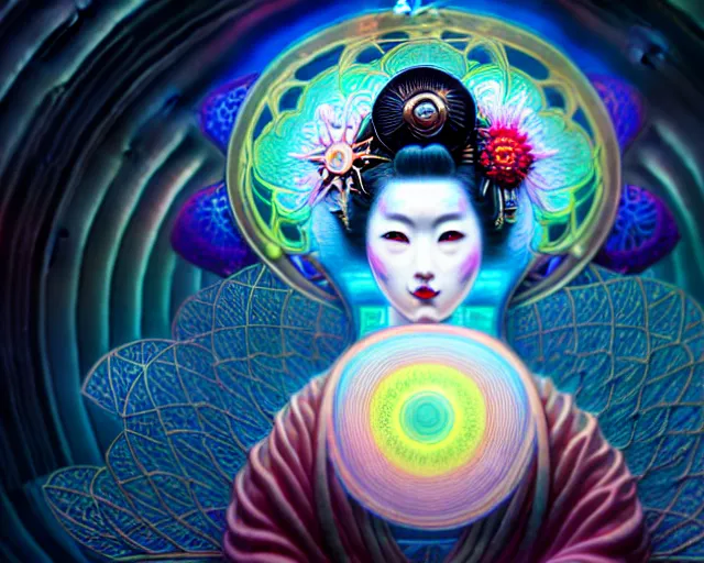 Image similar to a headshot of a geisha offset in the frame, surrounded by fractals, mandalas, cherry blossoms, hadron collider technology, metal gears, swirling bioluminescent energy, art by peter mohrbacher and dan mumford, 8 k octane render, hyperrealistic, zbrush, cinema 4 d