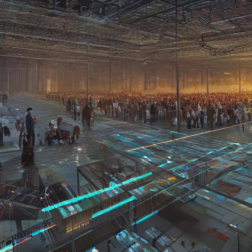 Image similar to large group people in a huge warehouse, looking at a tabletop skyline hologram | cinematic concept art | godrays | 4 k | clear details | tabletop | tabletop | hologram foreground