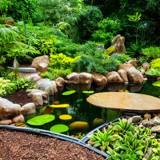 Prompt: popcorn boulders in a jungle landscape, koi pond on the ground