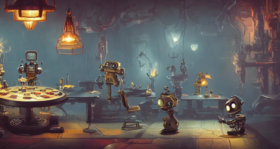 Image similar to a beautiful tapestry, a small robot playing a futuristic boardgames ultra detailed, atmospheric lighting, steampunk, moody, candles, characters from machinarium, by don bluth, trending on artstation, octane render, 8 k, ultra realistic