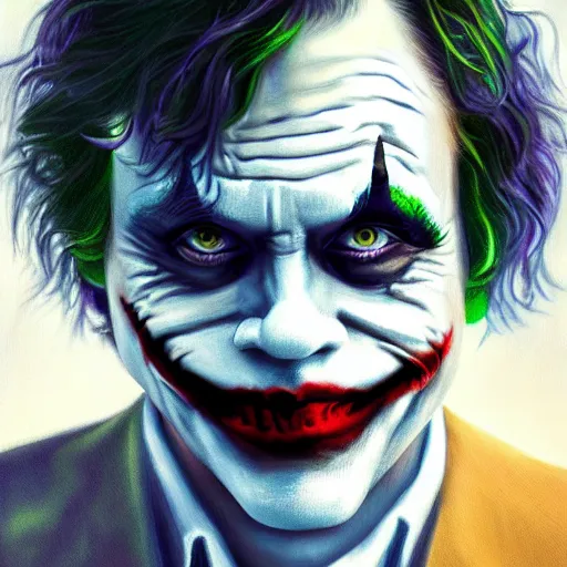 Image similar to mark hamill as the joker, oil painting, artgerm, artstation, highly detailed, portrait