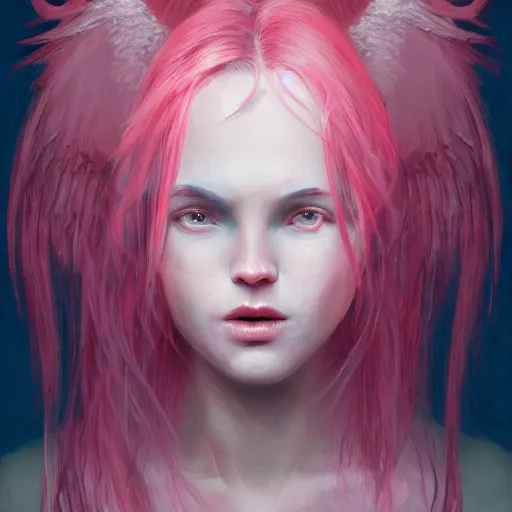 Prompt: beautiful warrior angel with pink hair, upper body, blue piercing eyes, mystery, love, thin features, beautiful aesthetic, by james jean, trending on artstation, digital art