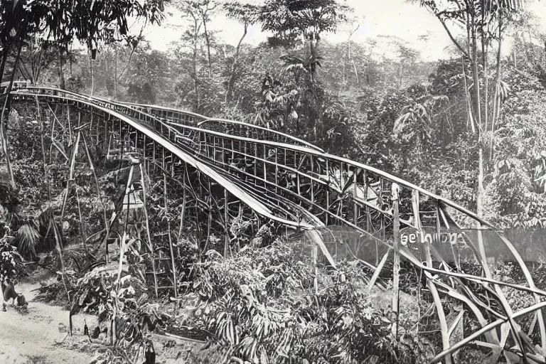 Prompt: a 1 9 0 5 colonial closeup photograph of a rollercoaster in a village at the river bank of congo, thick jungle, wide angle shot