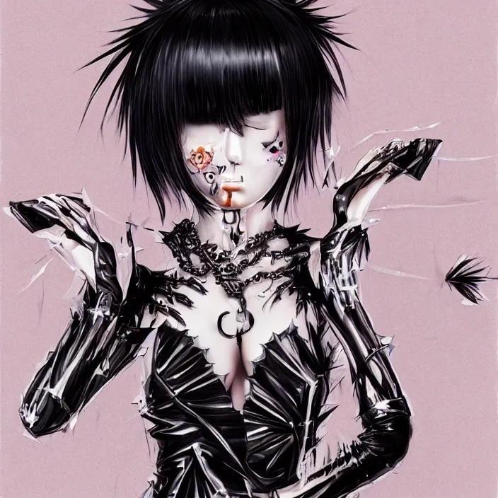 Image similar to cruel korean goth girl, cute, full body, spikes, latex, rubber, anime aesthetic, chibi, tribal, detailed, smooth, very smooth, brushwork, digital painting, sharp focus, concept art, fantasy, by junji ito, by louise zhang, by annie leibovitz