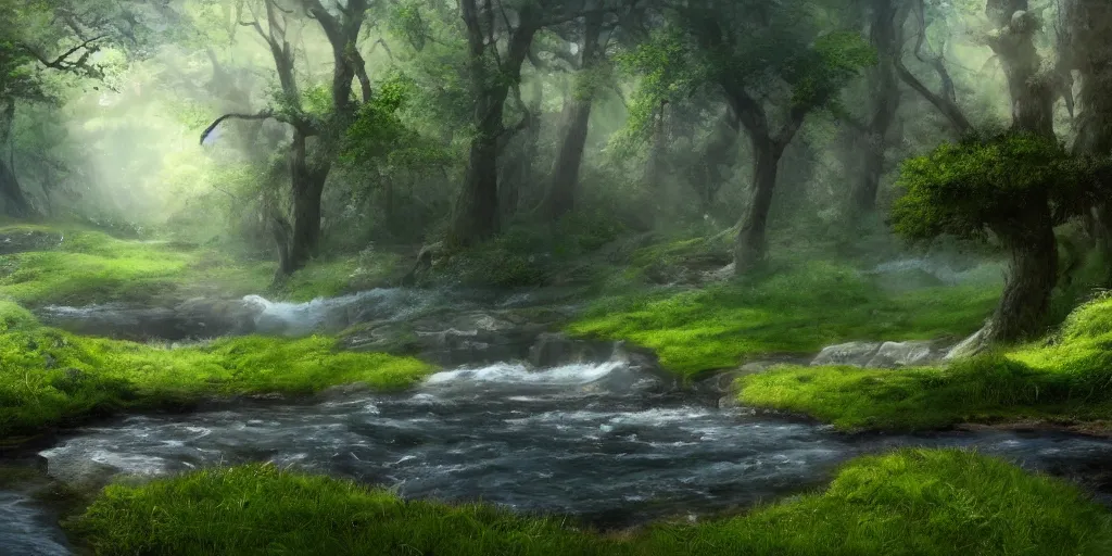 Prompt: a babbling brook on a green field, matte painting, concept art, 4k