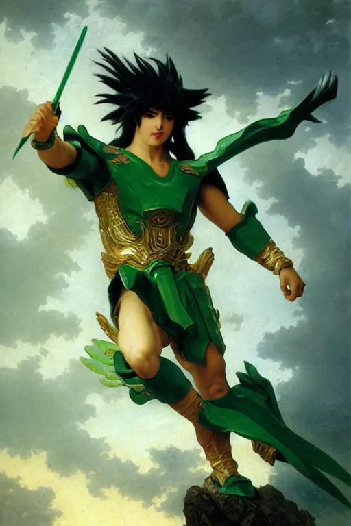 Image similar to Dragon Shiryū from Saint Seiya with his green armor by William Adolphe Bouguereau