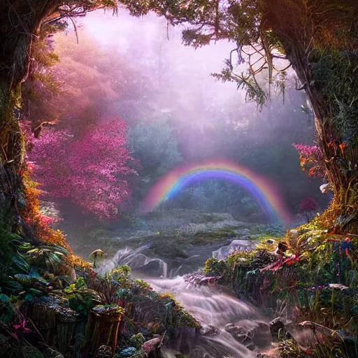 Prompt: the most aesthetic view of the beautiful, grand, wistful, dreamy landscape of a hidden forest, hyperrealistic photograph by kim jung gi, rainbow hyper colorful, extremely detailed, intricate linework, sharp focus, bright colors, octopath traveler, unreal engine 5 highly rendered, global illumination, radiant light, detailed and intricate environment