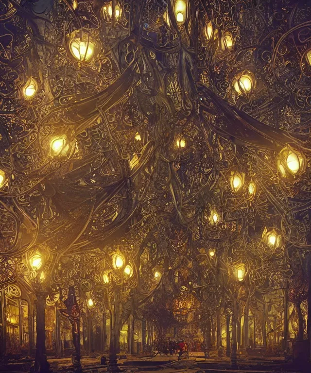 Image similar to a streeet view of wat rong khun by charlie bowater and art germ, rule of thirds, golden ratio, art nouveau! cyberpunk! style, mechanical accents!, mecha plate armor, glowing leds, flowing wires with leaves, art nouveau accents, art nouveau patterns and geometry, rich deep moody colors