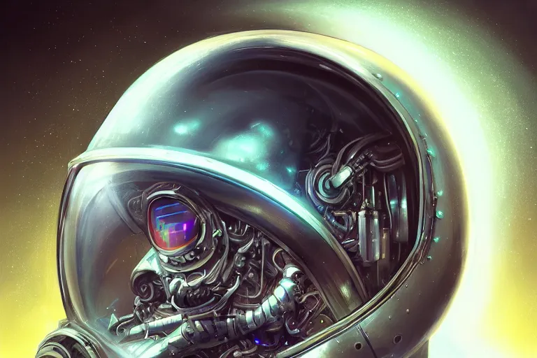 Image similar to portrait of a biomechanical head inside a futuristic space helmet, vintage, neon, white metal, iridescent visor, smooth, sharp focus, high detail, deviantart, artstation, art by Raymond Swanland,