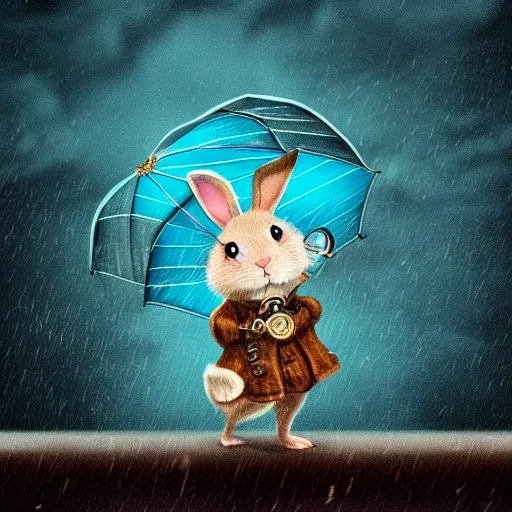 Prompt: portrait of a time traveling rabbit holding a pocket watch and an umbrella, rainy night, city lights, streetlights, digital art, sharp, focused photo