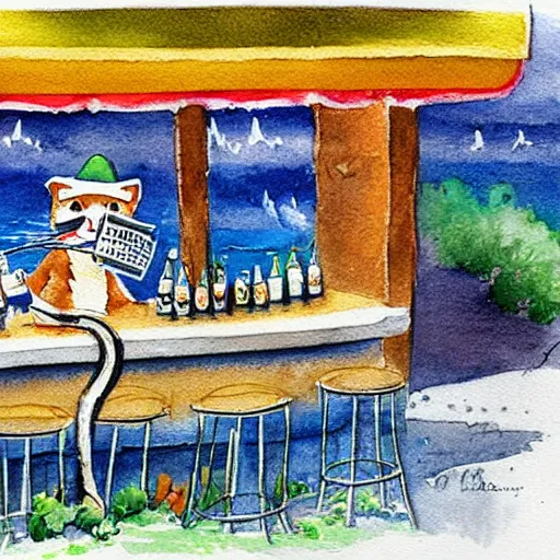 Prompt: a cat with a bucket hat and a hawaii shirt drinking a beer at an outdoor bar by the sea in stockholm, children\'s book illustration watercolor drawing