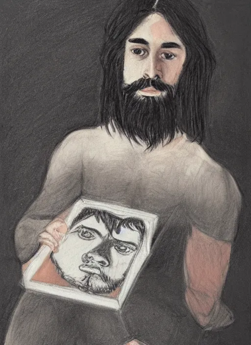 Image similar to portrait of a 23 year old man with long dark hair and a beard looking down on a canvas he is holding on his lap,charcoal drawing, psychedelic, in a minimalistic style