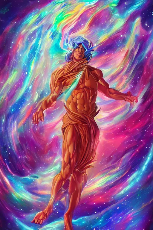 Prompt: handsome god of the universe, artgerm, galaxies and nebula flowing out of his body, korean mythology, psychedelic floral planets, studio ghibli painterly style, trending on artstation