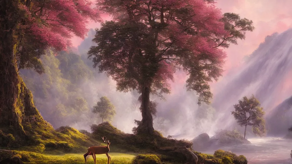 Prompt: the most beautiful panoramic landscape, oil painting, where a giant dreamy waterfall creates a river, the trees around are starting to bloom in pink colors, a majestic deer is in close - up and it is under a giant tree while it is exhaling steam, the ray lights of the sunrise are brightening him, by greg rutkowski