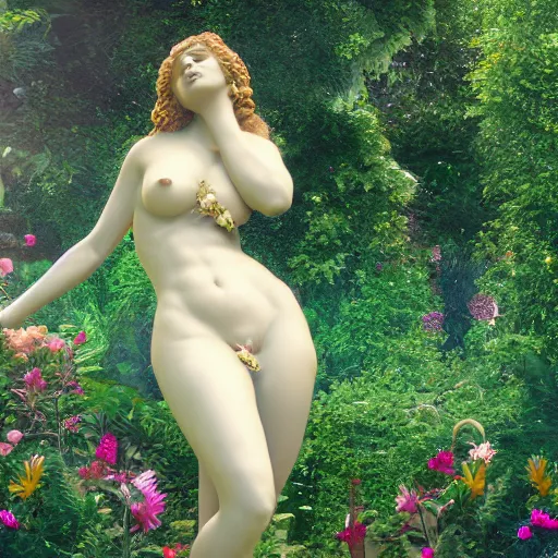 Image similar to Aphrodite - Goddess of Love, magical garden, detailed 8k render, 8k postprocessing