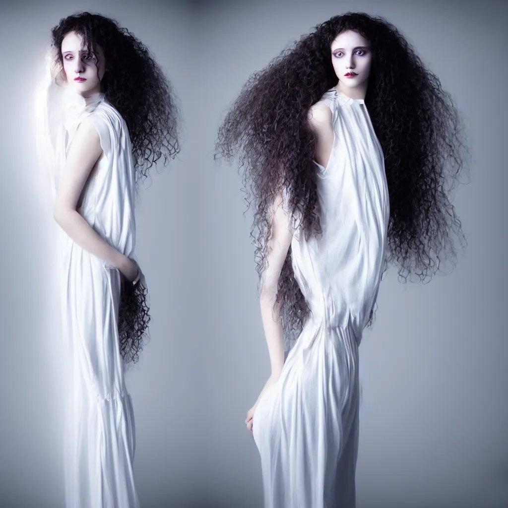 Prompt: a young woman with long curly hair, dressed in long white, light painting in style of Paolo Roversi, professional studio lighting, dark background, hyper realistic photography, fashion magazine style