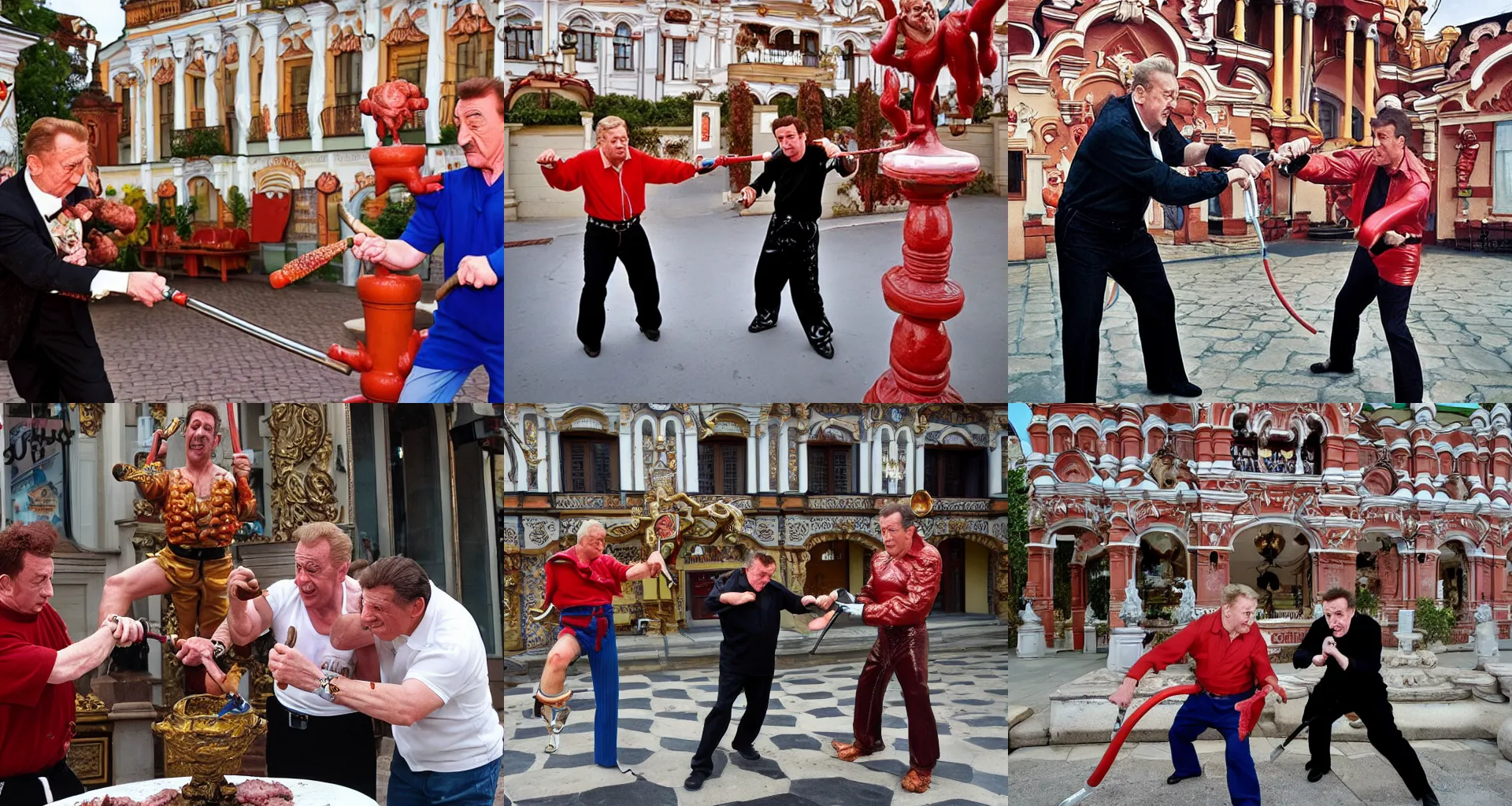 Prompt: rodney dangerfield fighting barry chuckle with nunchucks in front of the baroque, ornate gravy fountain of meat square, russia