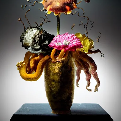 Image similar to disgusting disturbing dutch golden age bizarre mutant flower floral still life with many human toes very detailed fungus disturbing tendrils bizarre slimy forms sprouting up everywhere by rachel ruysch black background chiaroscuro dramatic lighting perfect composition high definition 8 k 1 0 8 0 p