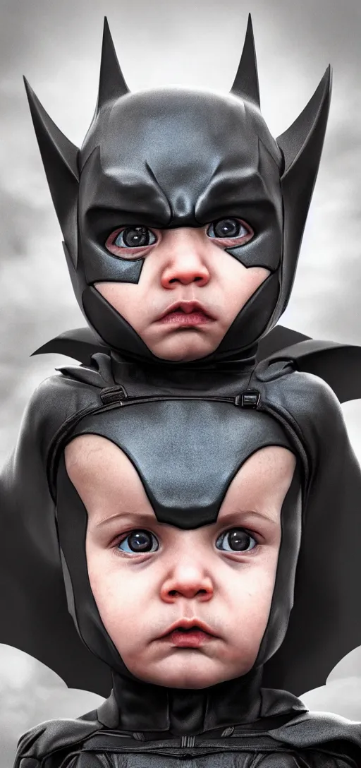 Image similar to portrait of baby batman, cinematic, eerie, cinematic lights, highly detailed, hdr, artstation, concept art, ambient light, 4 k, intricate details, highly professionally detailed, cgsociety, highly detailed