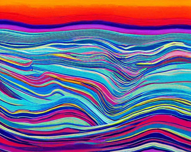 Image similar to A wild, insane, modernist landscape painting. Wild energy patterns rippling in all directions. Curves, organic, zig-zags. Saturated color. Mountains. Clouds. Rushing water. Waves. Wayne Thiebaud. Lisa Yuskavage landscape.