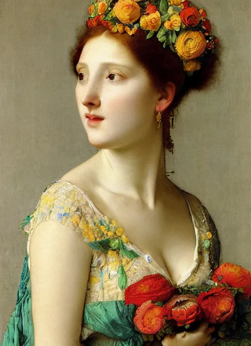 Prompt: A beautiful portrait of a floral queen, frontal, digital art by Eugene de Blaas and Jean Auguste Dominique Ingres, vibrant color scheme, highly detailed, in the style of romanticism