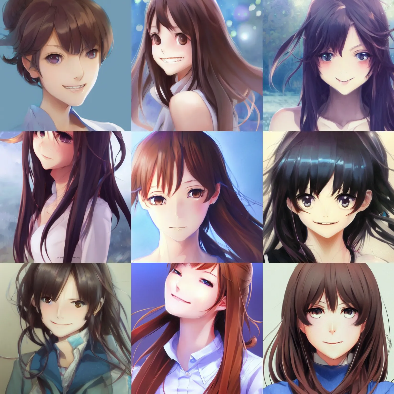 Prompt: An anime drawing of a smiling beautiful woman with straight brown hair, blue eyes, without glasses, without bangs, by Stanley Artgerm Lau, WLOP, Rossdraws, James Jean, Andrei Riabovitchev, Marc Simonetti, and Sakimi chan, trending on artstation