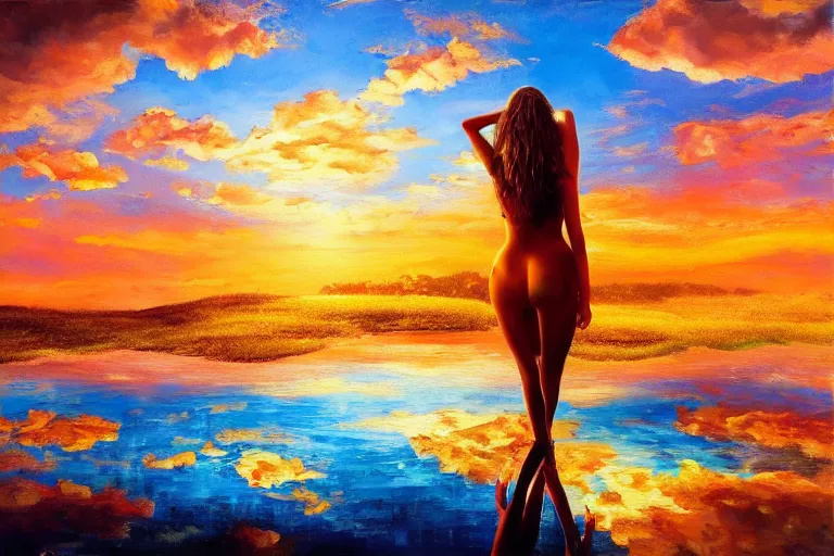 Image similar to girl, fantasy, painting, chrome, reflect, ultra realistic!!!, clear weather, golden hour, sharp focus