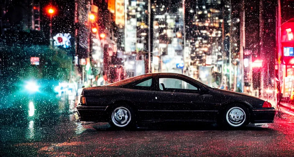 Image similar to close up macro shot of a honda prelude car on wet city street at night intricate hyper detailed smooth high contrast neon volumetric li