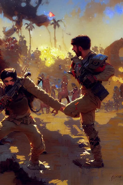 Prompt: war between drake and josh, painting by gaston bussiere, craig mullins