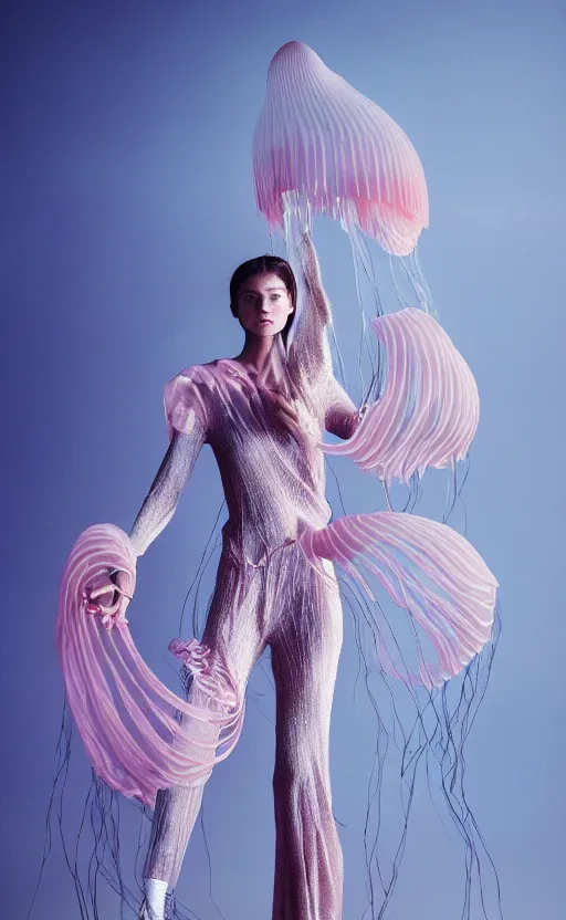 Image similar to fashion photography of a woman wearing an outfit inspired by a jellyfish, artistic photography, cinematic lighting, insanely detailed, chiaroscuro, cinestill 8 0 0 t, vogue magazine