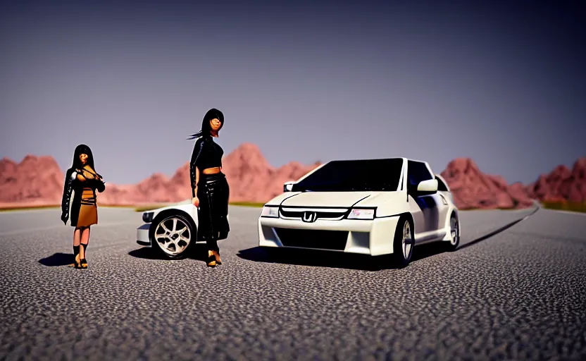 Image similar to photograph of a cell-shaded Honda EK9 Type-R with a techwear woman , on a desert road with a futuristic city in the horizon, one point perspective, 1-point perspective, tilt shift, sigma 85mm f/1.4, 4k, depth of field, high resolution, 4k, 8k, hd, full color