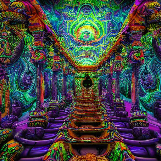 Image similar to Photorealistic inside a temple made of snakes. Hyperdetailed photorealism, 108 megapixels, amazing depth, glowing rich colors, powerful imagery, Psychedelic Overtones, Crisp, Clean image, mostly black purple and teal