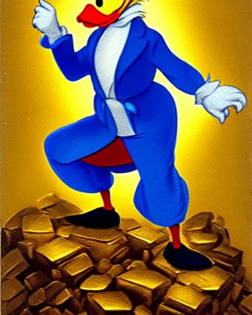 Image similar to Scrooge McDuck from the Duck Tales in blue costume standing on a mountain of golden gold and holding a cane, view from below, full body portrait including head, oil painting, highly detailed