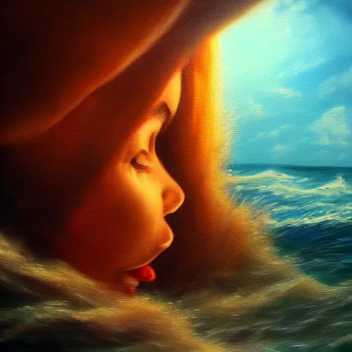 Image similar to cinematic shot oil painting of the ocean, hyper realistic, mood lighting, fantasy, detailed face, highly detailed, super realistic, perfect lighting