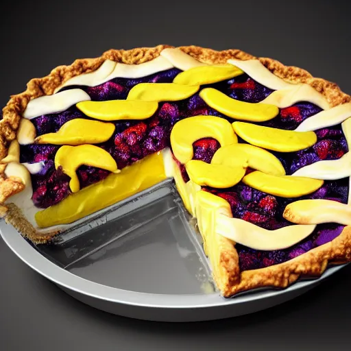 Prompt: intricate five lemon berry pie by pablo picasso, oil on canvas, hdr, high detail, photo realistic, hyperrealism, matte finish, high contrast, 3 d depth, centered, masterpiece, vivid and vibrant colors, enhanced light effect, enhanced eye detail, artstationhd