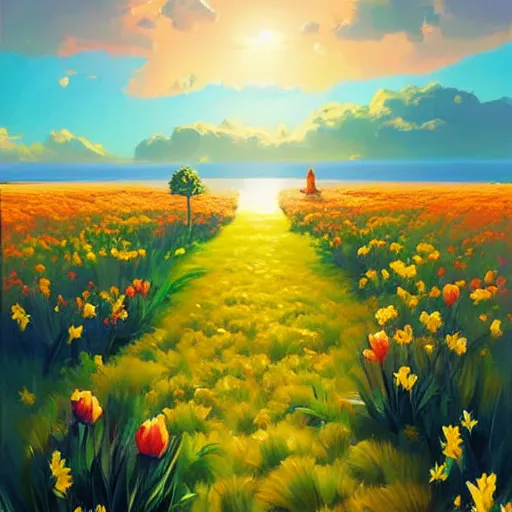 Image similar to digital art of a painting of a flower field with a view of the ocean, poster art by rhads, featured on pixiv, sharp details, neo - romanticism, anime aesthetic, 2 d game art, official art