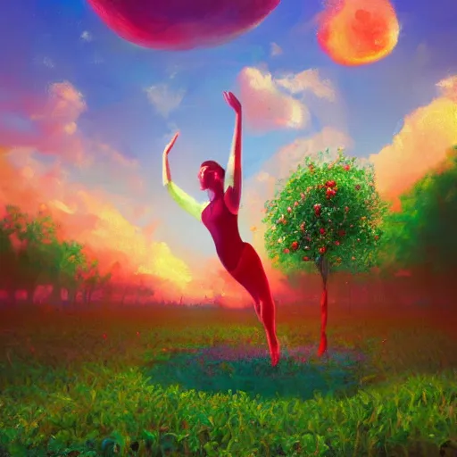 Image similar to giant tomato plant in front of head, full body girl dancing in a tomato garden, surreal photography, sunrise, dramatic light, impressionist painting, colorful clouds, digital painting, artstation, simon stalenhag