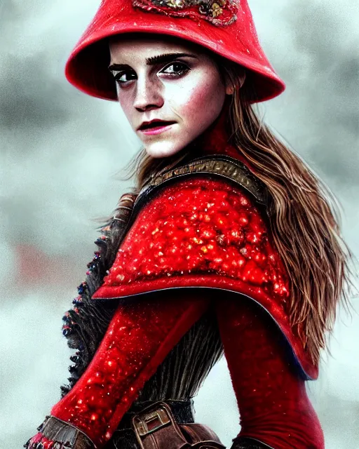 Image similar to highly detailed closeup, of emma watson, dressed in a red mushroom hat and clothes, full face view, on a battlefield, hyper realistic, psychedelic, illustration, digital paint, matte paint, vivid colors, detailed and intricate environment