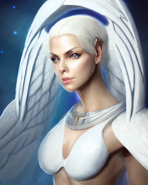 Image similar to perfect white haired attractive egyptian goddess with huge white dove wings, warframe armor, beautiful, symmetric, charlize theron, half asian, pretty face, blue eyes, scifi platform, laboratory, experiment, 4 k, ultra realistic, epic lighting, android body, illuminated, cinematic, masterpiece, art by akihito tsukushi, voidstar