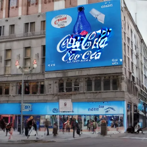 Prompt: blue coca cola ad in the city