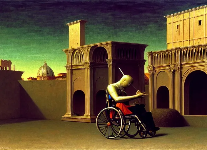 Image similar to knight in armor in a wheelchair do tricks & watch old tv, rome, highly detailed, soft lighting, elegant, by edward hopper and james gillard, zdislaw beksinski, stephen outram, andreas m wiese, carl spitzweg, highly detailed, masterpiece, unreal 6, 8 k