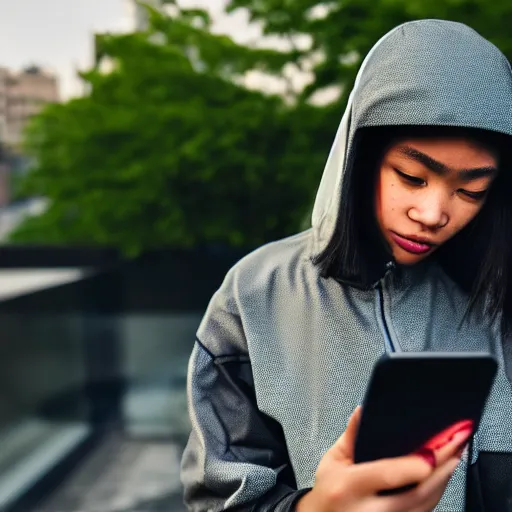 Image similar to candid photographic portrait of a poor techwear mixed young woman using a phone inside a dystopian city, closeup, beautiful garden terraces in the background, sigma 85mm f/1.4, 4k, depth of field, high resolution, 4k, 8k, hd, full color