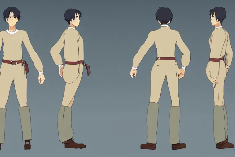 Image similar to a reference sheet containing three pictures of a t position hero by ghibli studio, front back view and side view, t position proportions, ready to model,