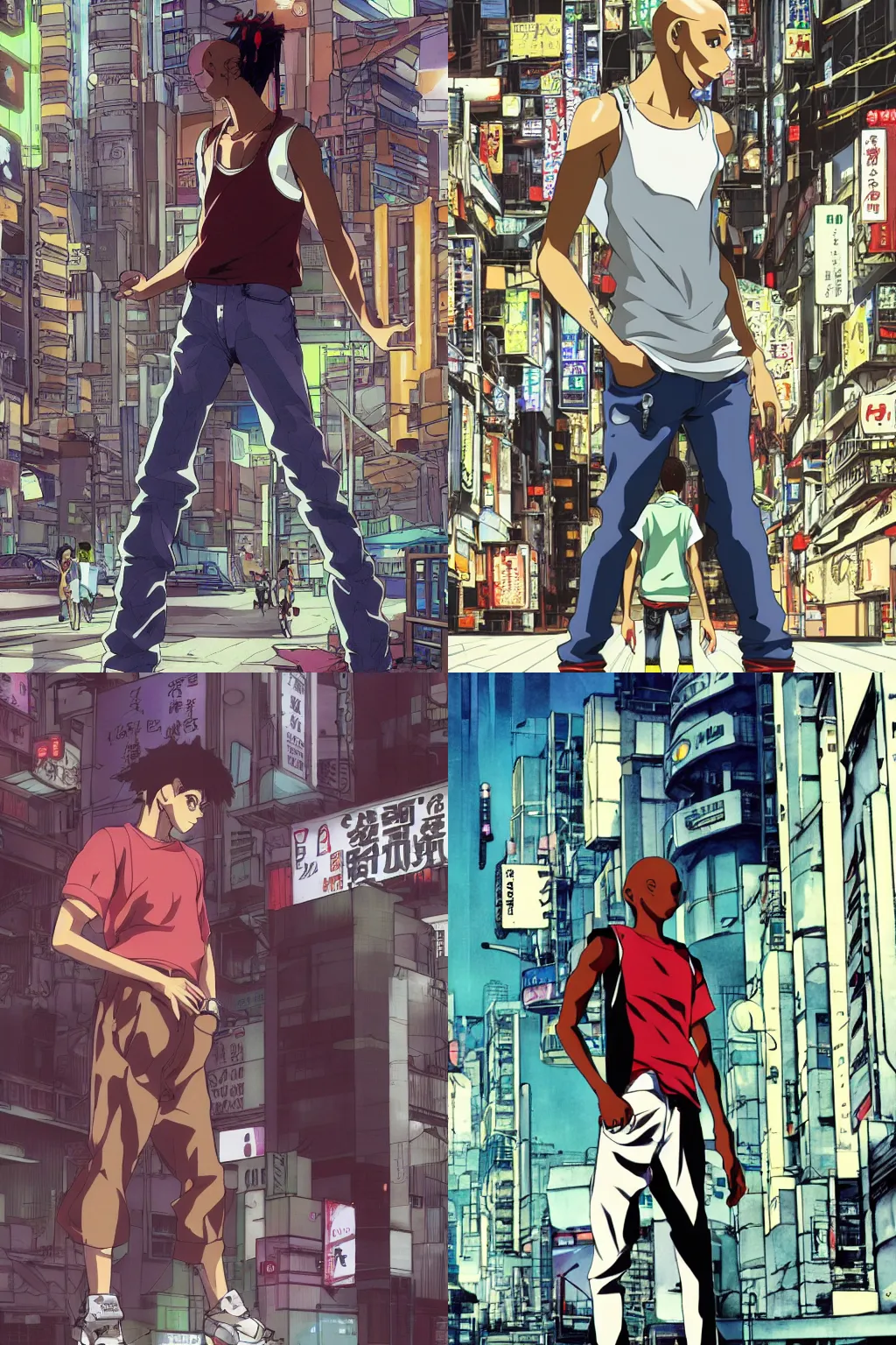 Prompt: official anime illustration, yoji shinakawa, studio gainax, bald male african-american teen wearing a white tank-top and jeans stands in a cyberpunk city