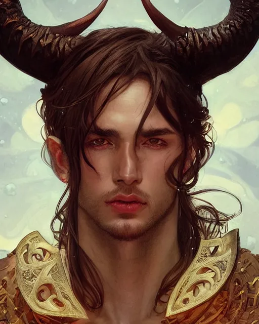 Prompt: up close portrait of a handsome male demon looking off to the side, long horns, d & d, face, fantasy, intricate, elegant, highly detailed, digital painting, artstation, concept art, smooth, sharp focus, illustration, art by artgerm and greg rutkowski and alphonse mucha