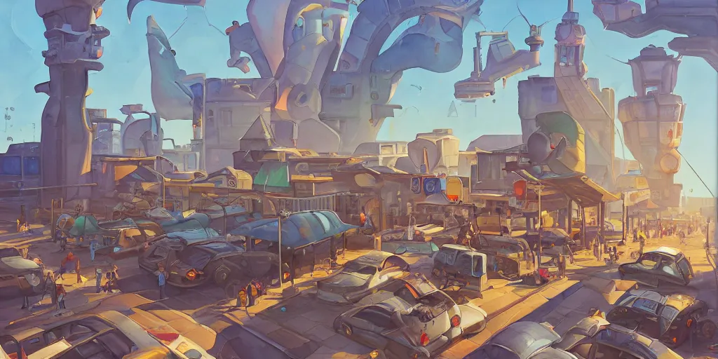 Image similar to overwatch building, stylized, exterior, architecture, in watercolor gouache detailed paintings, insanely detail, artstation, 8 k, futuristic, big medium small, arcane, simon stalenhag, food stall, interesting shapes & form, golden ratio, megastructures, vitaly bulgarov, mall, junkyard