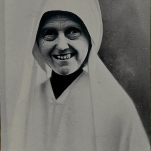 Image similar to antique photograph of an evil catholic nun, crazy eyes wide open, horror, staring at the camera, evil smile, sharp teeth, headshot, dark background, low exposure, cracked and faded, dark