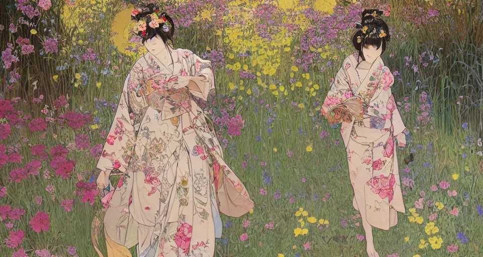 Image similar to oil painting, long shot, beautiful floralpunk japanese girl illustration walking in a park, detailed patterns art of japan traditional dress, flower pop art, floral splash painting, art by ashley wood, alphonse mucha, makoto shinkai, geof darrow, dark shadow